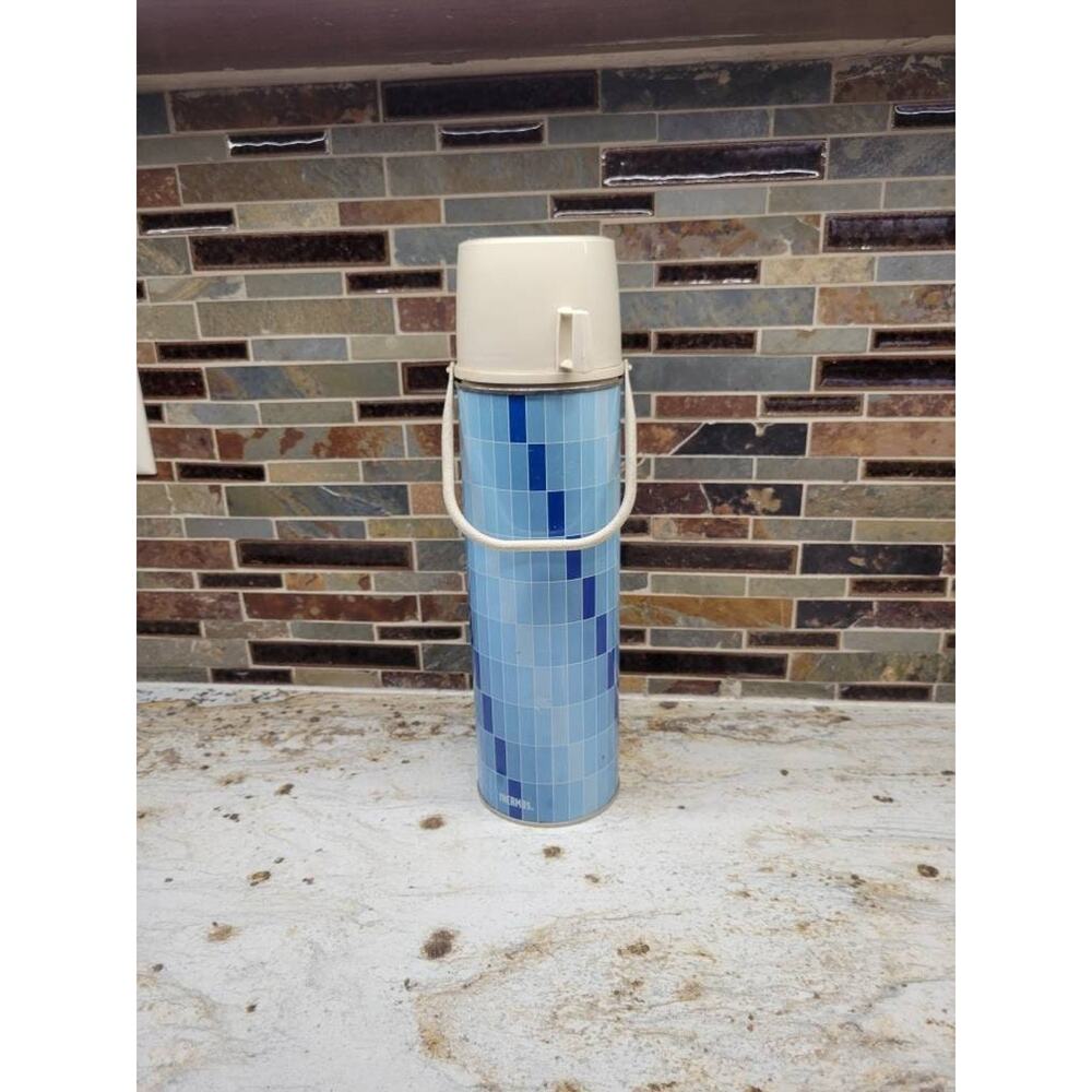 Vintage Blue King Seeley Thermos, Geometric Tile, 13-1/2" Tall Farmhouse Decor